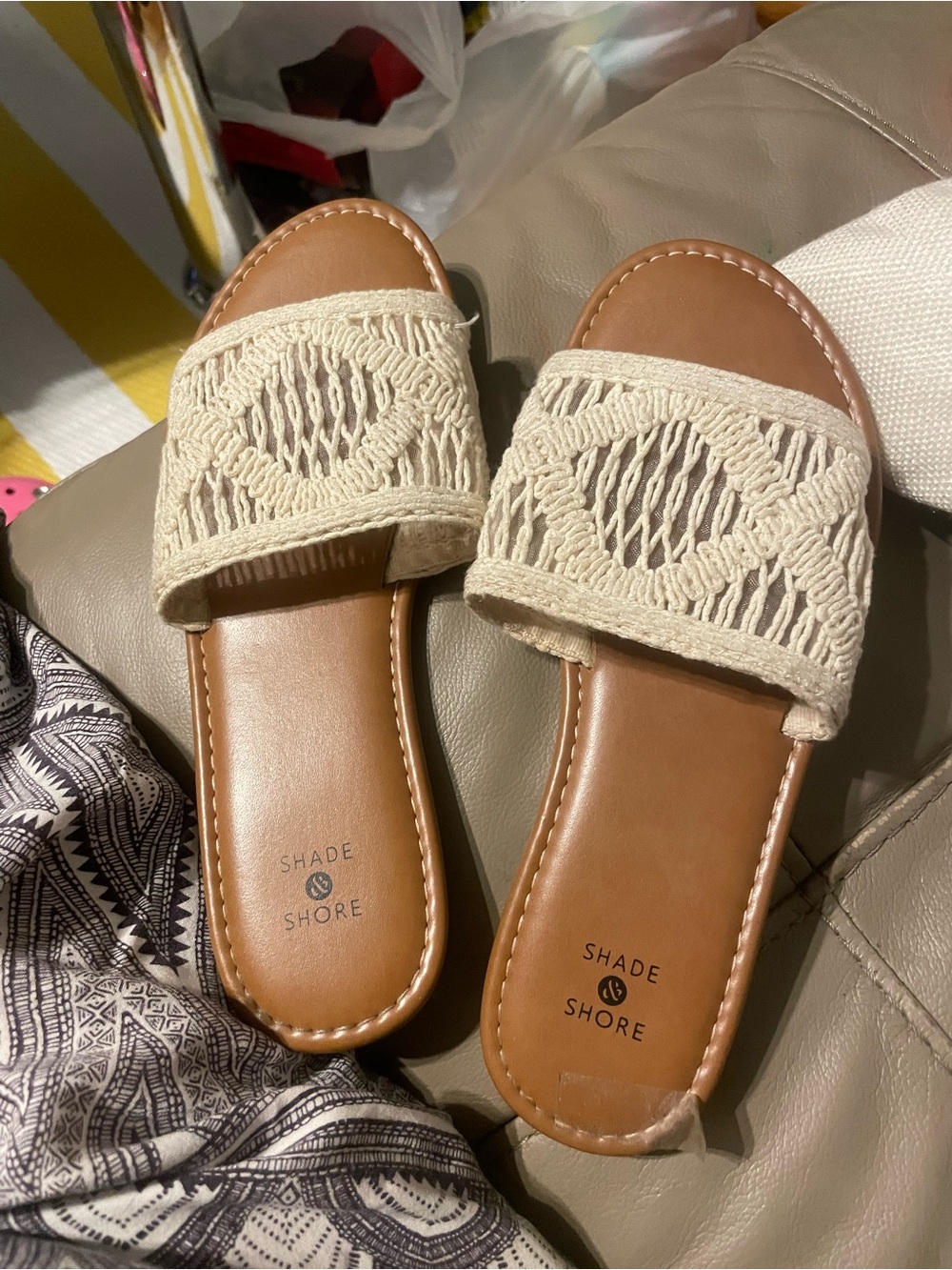 Shade & Shore Women's Cream Macramé Slide Sandals with Tan Footbed